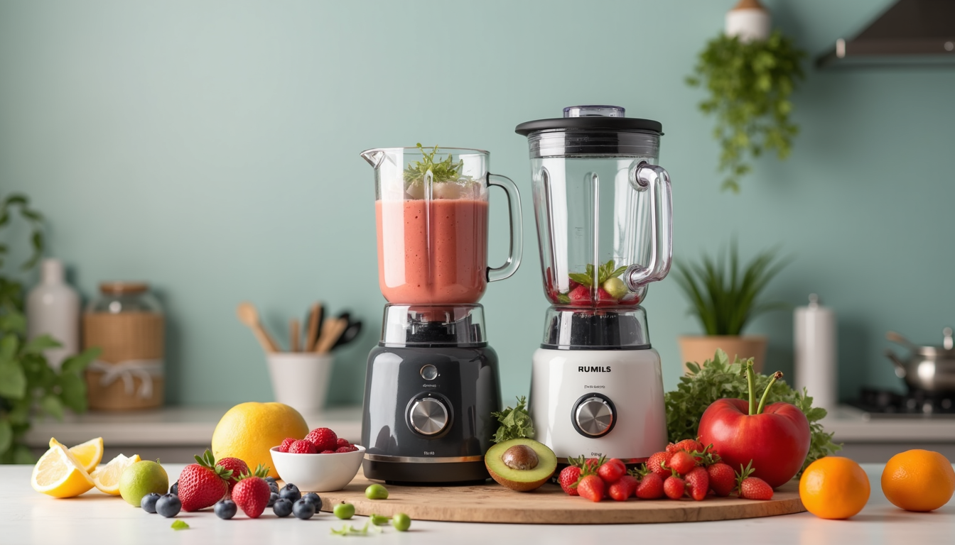 Un blender profesional Horeca robust, cu recipient mare și panou de control digital, în acțiune, preparând un smoothie